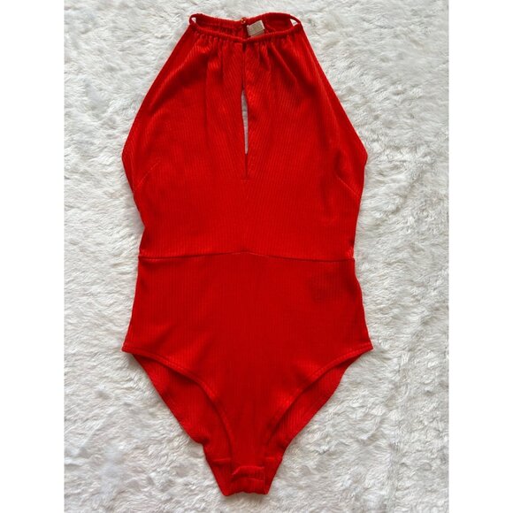 NWT Red High Neck Ribbed Bodysuit w/ Keyhole Cutout By H&M Conscious Size: 8 - Picture 2 of 4